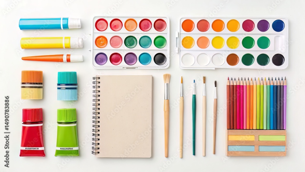 Obraz premium Colorful Art Supplies Flat Lay Watercolor Paints Pencils Brushes and More