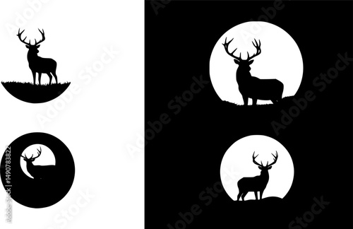 Vector silhouette of a deer on a hill on the background of the moon. Symbol of night and wild animal.
