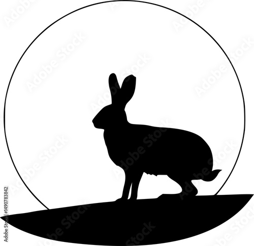 Vector silhouette of a hare on a hill on the background of the moon. Symbol of night and wild animal.
