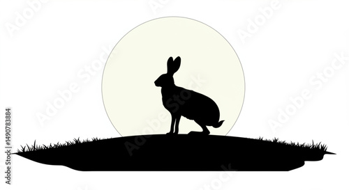 Vector silhouette of a hare on a hill on the background of the moon. Symbol of night and wild animal.
