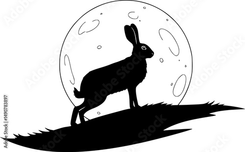 Vector silhouette of a hare on a hill on the background of the moon. Symbol of night and wild animal.
