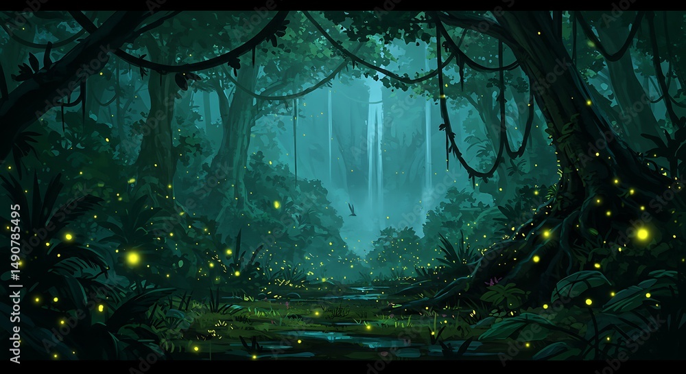 Fototapeta premium Enchanting Firefly Forest: Lush Tropical Night Scene