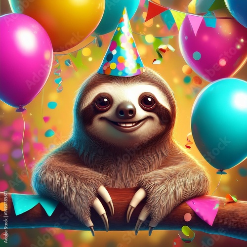 Sloth with  birthday balloons cartoon 