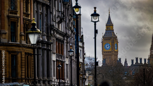 London Cityscape: Historic Streets with an Unusual View of Big Ben Under a Spectacular Sky