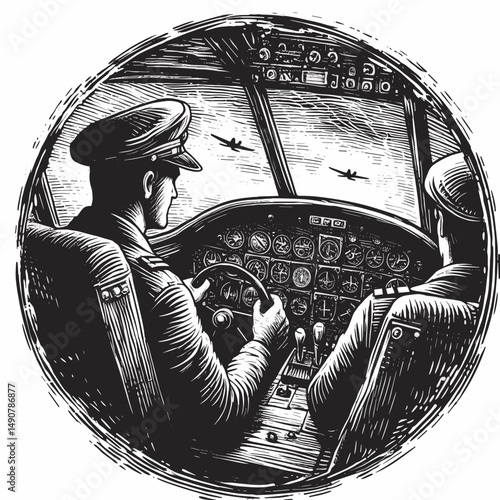 pilots flying an aircraft in a vintage style cockpit illustration