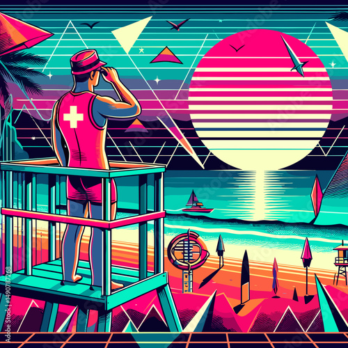 lifeguard observing the beach sunset in a vibrant retro landscape 