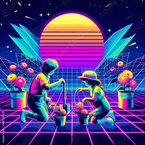 children planting flowers together in a vibrant retro landscape