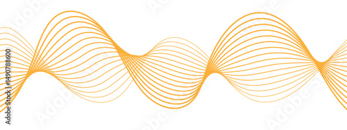 Abstract minimalistic wave pattern composed of smooth, orange gradient curves on a white background. Parallel elliptical lines forming with wave rhythm,  harmonious and flowing motion.