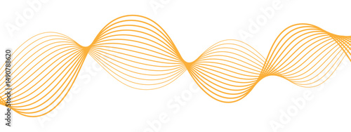 Abstract minimalistic wave pattern composed of smooth, orange gradient curves on a white background. Parallel elliptical lines forming with wave rhythm,  harmonious and flowing motion.