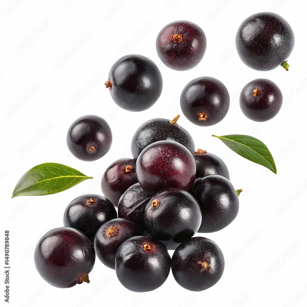 Fototapeta premium A vibrant collection of Jabuticaba fruits with leaves against a white backdrop