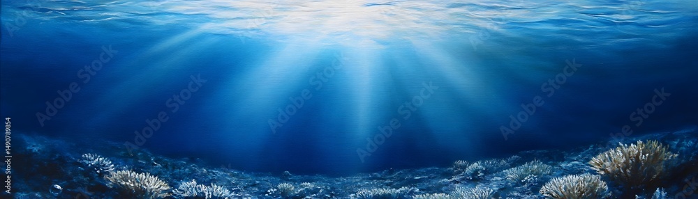 Fototapeta premium Deep ocean depths lit by sunlight beams.