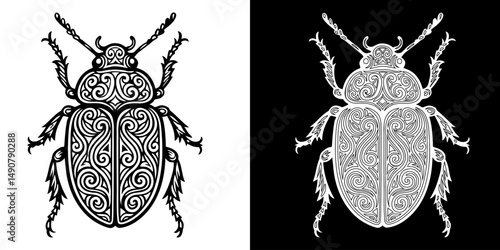 The black and white drawing of a bug has a lot of detail and looks very intricate. The bug is drawn with a lot of detail and has a lot of patterns on it