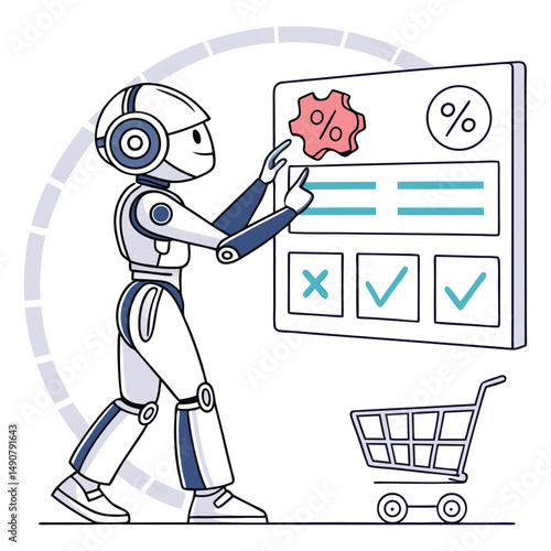 futuristic ai robot shopping with percentage data and checklist panel in clean digital interface