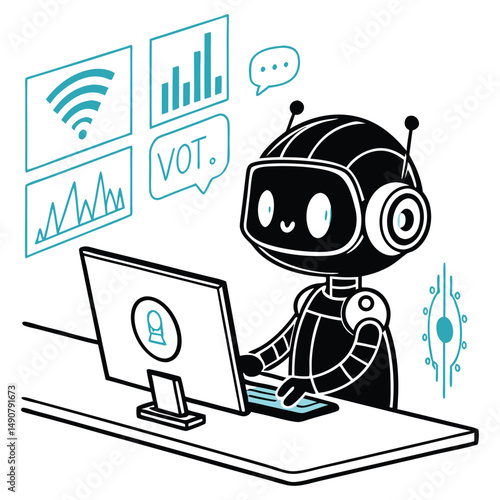 black ai robot multitasking at digital workspace with graphs, charts and wireless communication