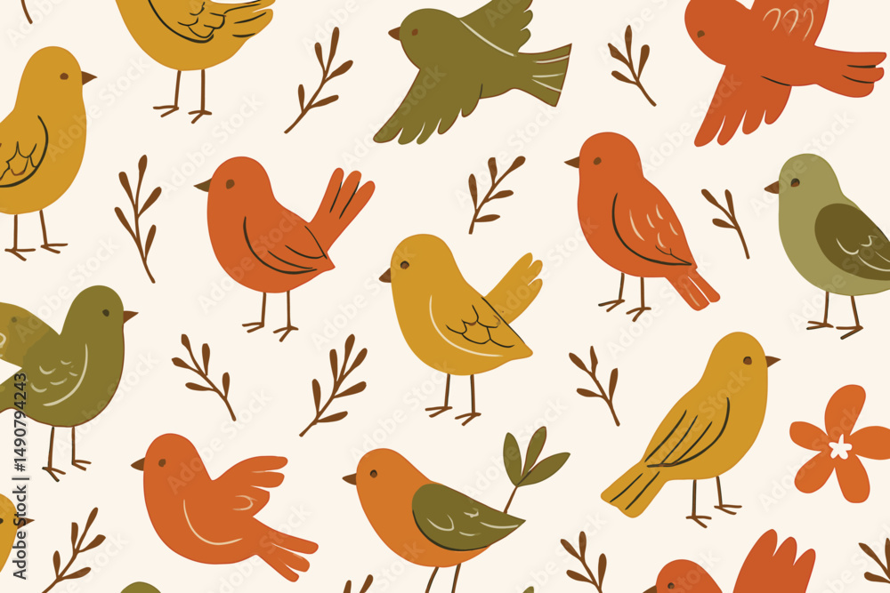 Fototapeta premium Seamless Folk Art Cute Bird Pattern with Autumn Colors on Cream Background with Botanical Elements