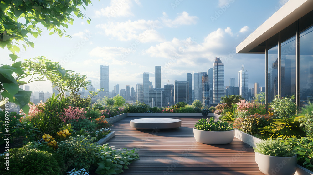 Rooftop garden with plants and seating overlooking a city skyline Rooftop garden with plants and seating overlooking a city skyline