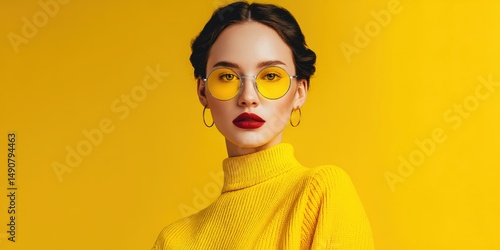 Stylish woman in yellow turtleneck and sunglasses on vibrant yellow background. Perfect for fashion, beauty, and lifestyle projects. Ideal for websites, magazines, and social media.