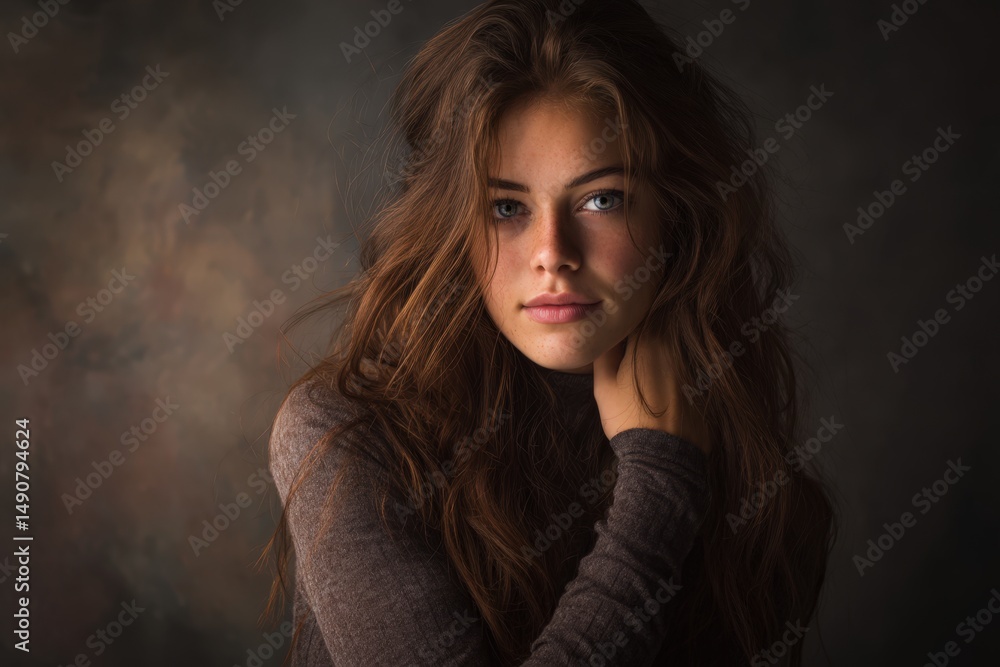 Fototapeta premium Stunning portrait of a young woman with long brown hair. Elegant and sensual style. Perfect for beauty, fashion, and advertising. Ideal for websites, magazines, and social media.