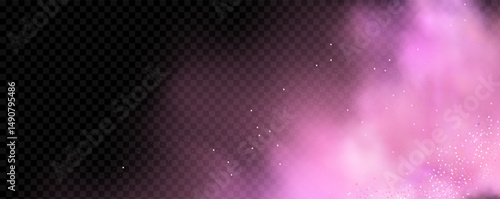 Pink powder dust with glittering shimmering swirls, shiny glitter design. Magical motion, sparkling lines on a black background.