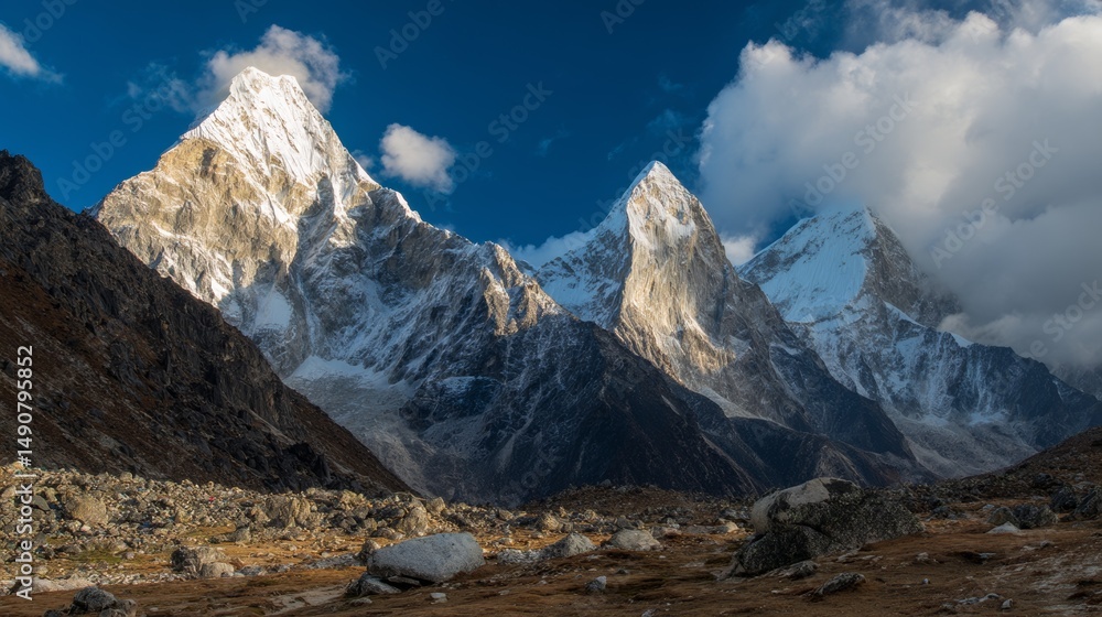 Obraz premium Majestic snow-capped mountains rising through white clouds under blue sky with golden sunlight, inspiring natural scenery with epic scale and high-definition clarity.