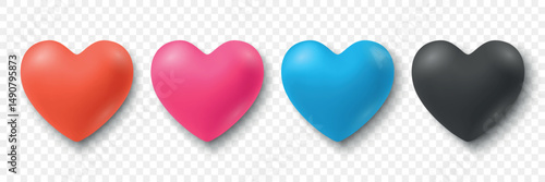 Heart Icon Vector Set. Realistic 3D Heart Icon in Different Colors. Love Heart Icon Vector Clipart for Social Media, Messaging. Modern Heart Symbol for App, Web, Valentine and Decoration