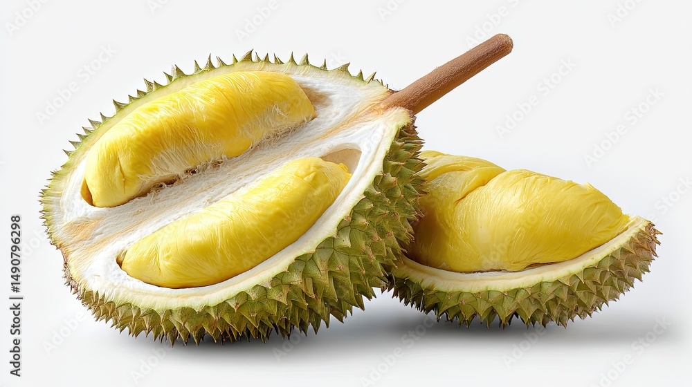 Fototapeta premium Half opened durian fruit with creamy yellow pulp, isolated on white background, tropical exotic fruit close-up