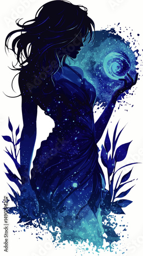 Mystical Vector Illustration of Magical Woman Holding Glowing Orb in Cosmic Night Sky Colors with Sparkling Stars Ethereal Feminine Energy and Cosmic Spell Concept Art