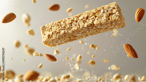 Granola bar with oat flakes and almond nuts floating mid air above blank wrapper, soft neutral background, healthy snack concept with natural ingredients and light texture