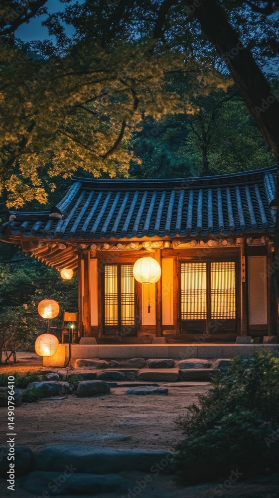 Fototapeta premium Illuminated Asian house, lanterns, tranquil garden.