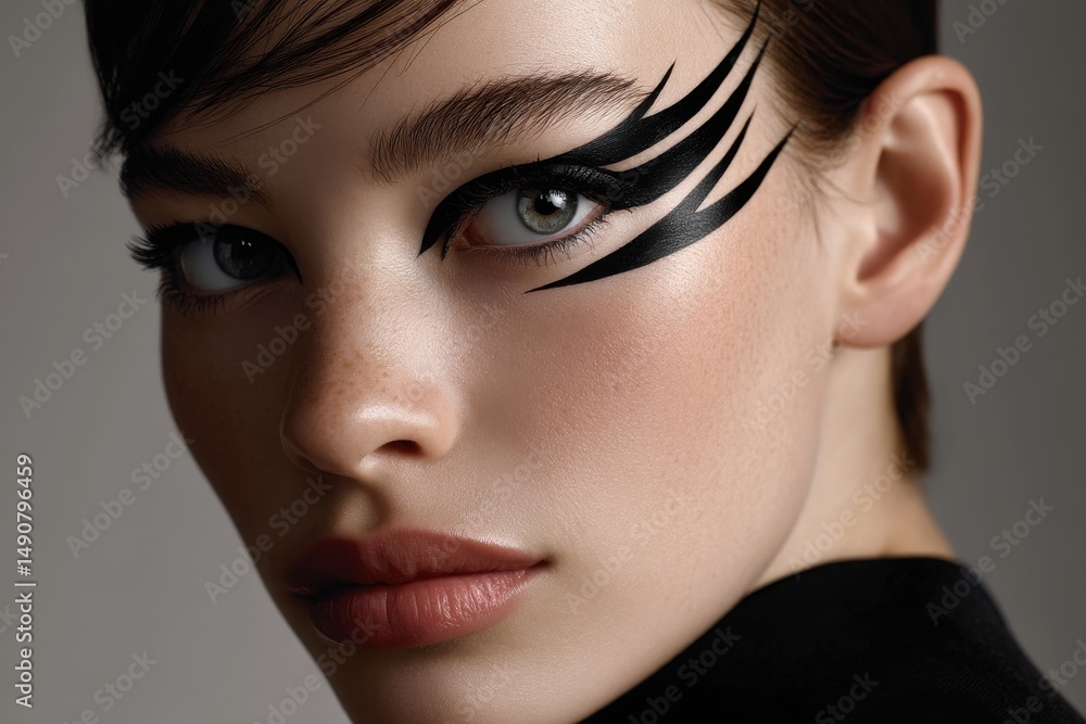Fototapeta premium Close-up portrait of a stunning young woman with artistic black eyeliner makeup, showcasing her beautiful eyes and flawless skin, with a neutral gray background.