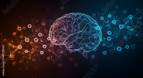 Abstract brain illustration with connected dots and lines on a dark gradient background