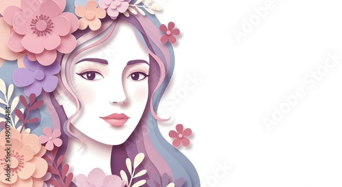 Illustration of a woman with flowers in her hair in pastel colors on a white background art style