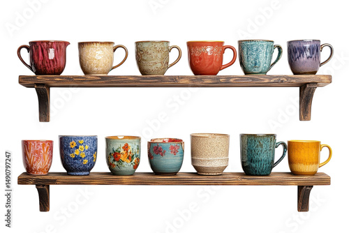 A curated collection of artisanal ceramic mugs showcased on rustic wooden shelves evoking a on transparent background