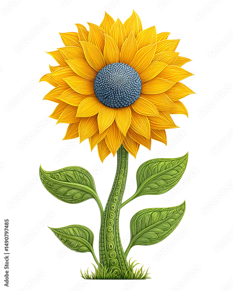 Naklejka premium Isolated transparent A vibrant sunflower with golden petals and a striking blue center in lush greenery. png die-cuisolatedt element for advertising