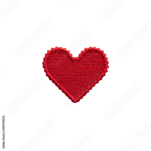 Red embroidered heart patch with textured stitching on transparency background, symbolizing love and affection. patch is simple yet expressive, ideal for clothing or accessories