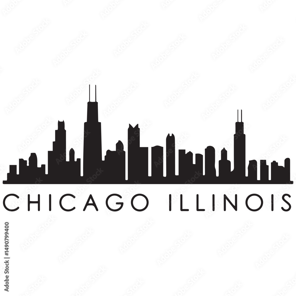 Naklejka premium Chicago Illinois skyline silhouette. Black Cleveland city design Vector black silhouette. with white background