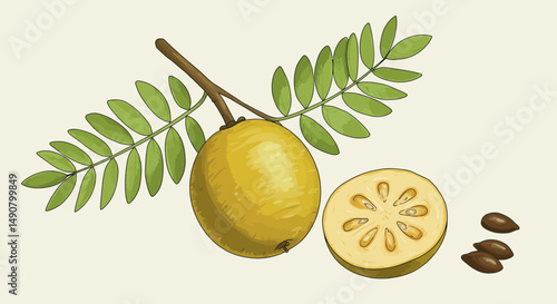 Detailed Illustration of a Bael Fruit with Branch and Seeds