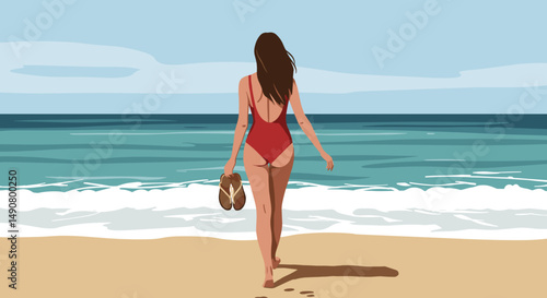 Young woman walking on beach in red swimsuit holding sandals  
