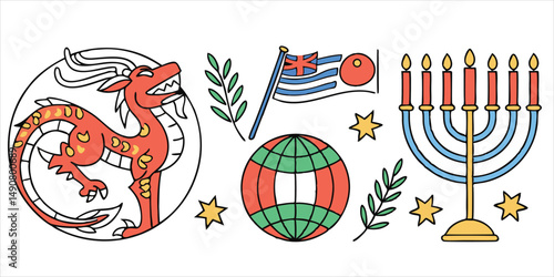 Multicultural symbols vector illustration, featuring dragon, flag, globe, and menorah