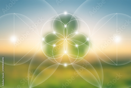 Sacred geometry, Flower of life. Mystical clover spiritual new age illustration with transmutation interlocking circles, bright neon sign, symbol of harmony and balance, blurry natural background