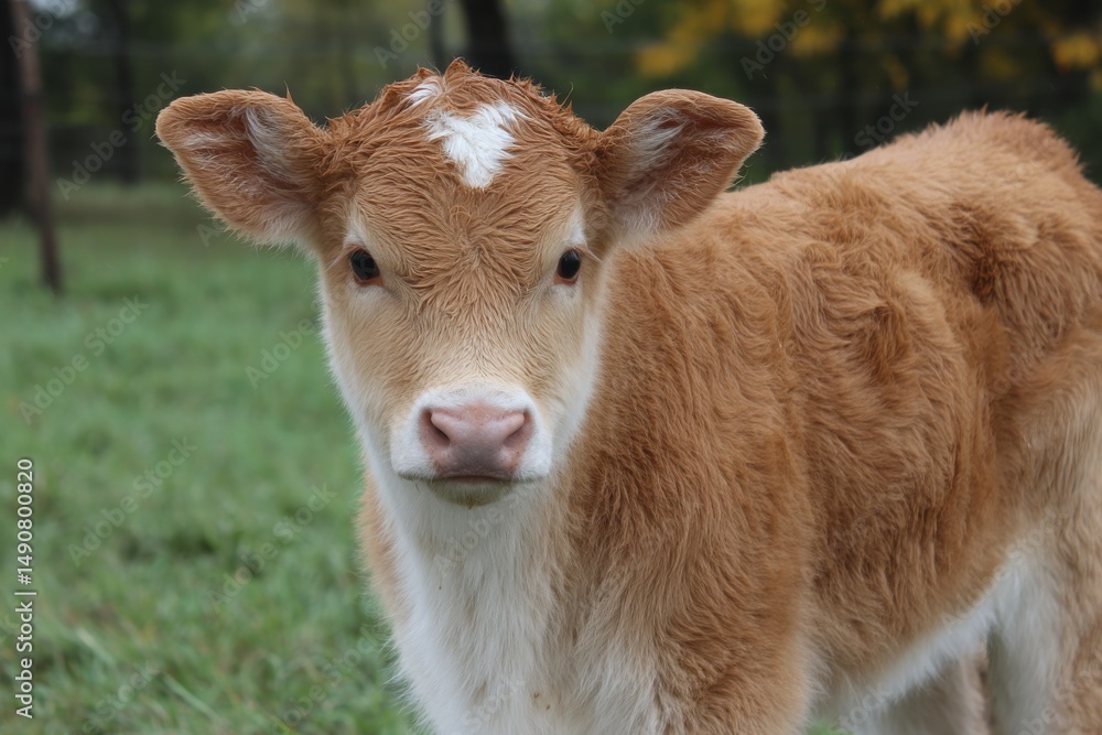 Adorable calf portrait with a striking white star on its forehead, standing in a lush green field, with soft, warm fur and gentle eyes. Adorable calf portrait with a striking white star on its forehead, standing in a lush green field, with soft, warm fur and gentle eyes.