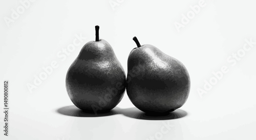 Two monochrome pears with short stems side by side casting shadows