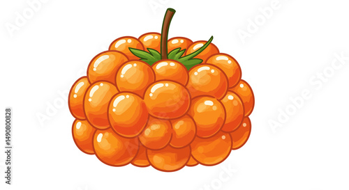 Vibrant Cartoon Cloudberry with Green Leaves and Brown Stem