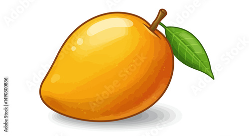 Vibrant Cartoon Mango with Leaf Stem and Shadow Fresh and Delicious
