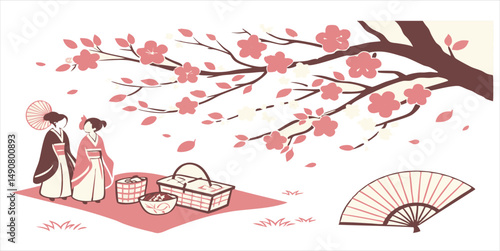 Traditional asian cherry blossom picnic scene with women in kimonos vector illustration