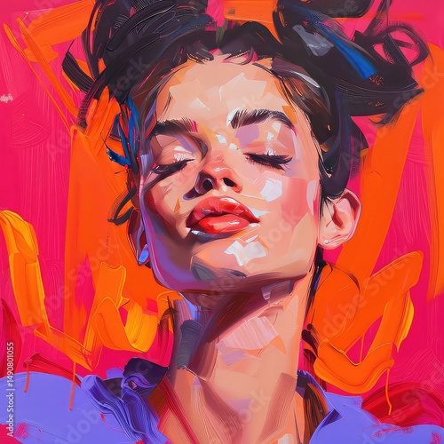 Artistic portrait of a woman with eyes closed and vibrant brushstrokes backdrop