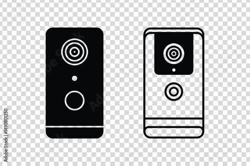Smart doorbell camera icon set vector in solid and outline. Ideal for security and smart home themes.