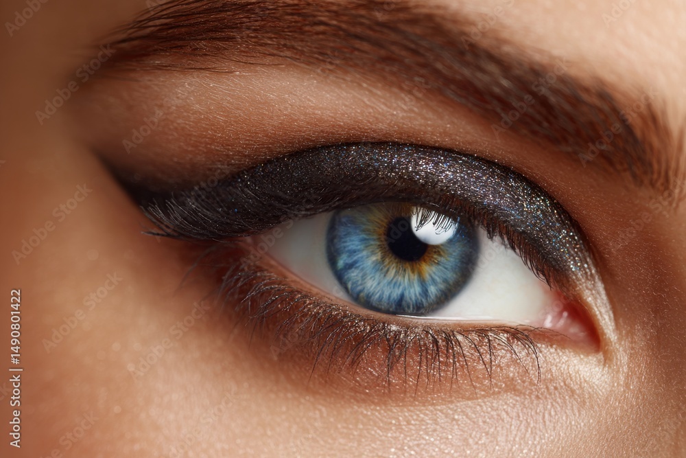 Fototapeta premium Close-up of a beautiful woman's blue eye with glamorous glitter eye shadow, eyeliner and long eyelashes, showcasing professional makeup and youthful skin detail.