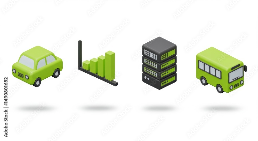 Obraz premium Isometric Green Icons Set: Transportation, Data, and Growth