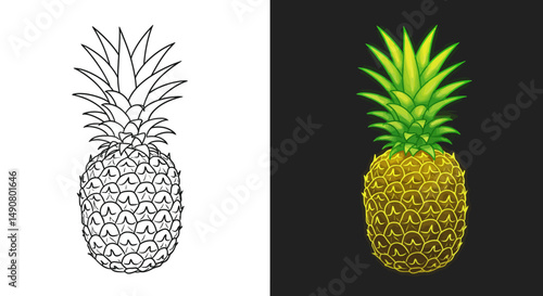 Contrasting Pineapple Illustrations in Black and White and Vibrant Yellow